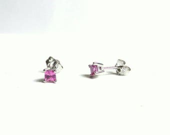 Pink Sapphire Earrings / Princess cut Pink Sapphire Studs 14k / 14k Gold Sapphire Earrings / September Birthstone / Genuine Gemstone