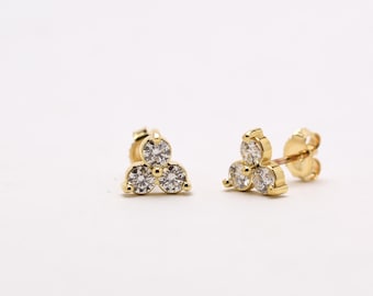 Diamond Trio Earrings 0.30 tcw / 14k Gold Diamond Earrings / Small 3 Diamond Stone Earring / Round Diamond stud Earrings / Triangle