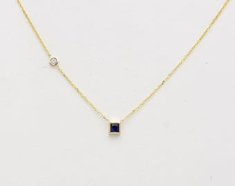 14k Gold Princess Cut Sapphire Solitaire Necklace: Diamond Accent