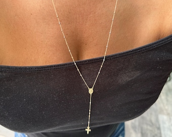 Cross Virgin Mary Rosary Necklace / 14k Gold Cross Virgin Mary Lariat / 14k Gold Miraculous Medal Cross Necklace / 14k Tri Color Rosary Bead