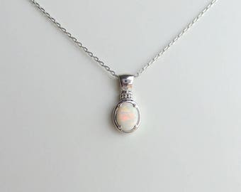 Opal Necklace Sterling Silver/ Sterling Silver Oval White  Natural Opal Necklace/  Delicate Opal Necklace/ Dainty Opal Pendant