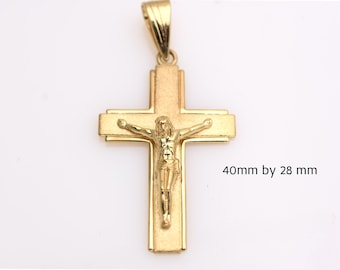 14K Solid Gold Large Crucifix Charm, Unisex Jesus Religious Jewelry
