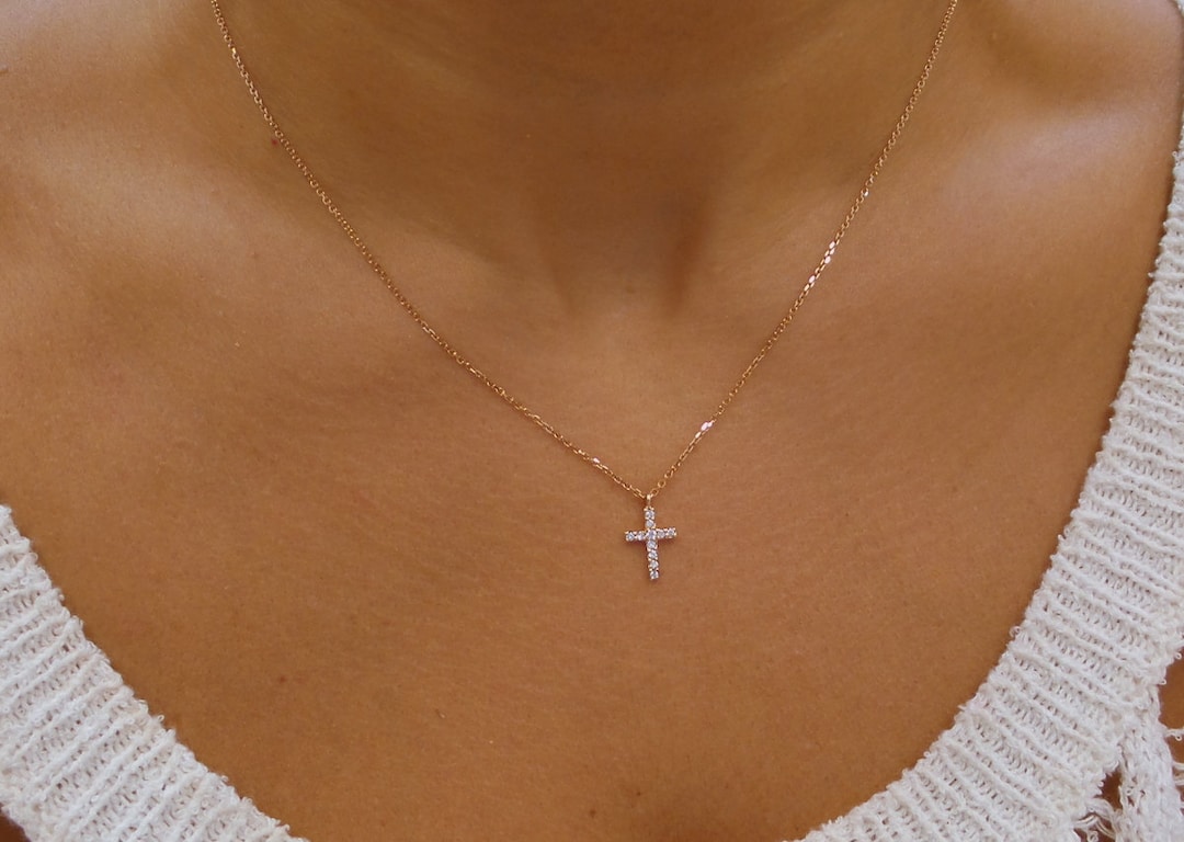 Diamond Cross Necklace 14k Gold Diamond Cross Dainty Diamond Cross 14k Rose Gold Cross Religious Gift Communion Baptism Etsy