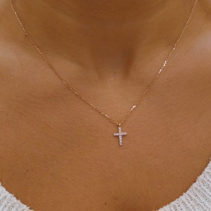 Diamond Cross Necklace / 14k Gold Diamond Cross / Dainty Diamond Cross / 14k Rose Gold Cross / Religious Gift / Communion Baptism image 1