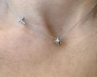 Diamond Cross North Star Necklace 0.13 ct /  Diamond North Star Cross Necklace / 14k Gold Solid Cross North Star / Communion Baptism Gift