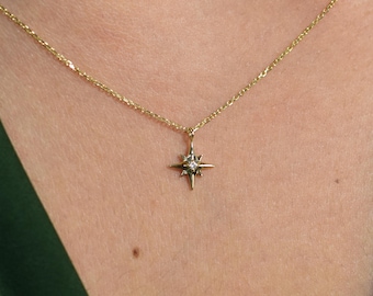 14k Gold Diamond Star Moon Necklace, Birthstone North Star Necklace, Layering North Star Pendant, Astrology Necklace, Dainty North Star