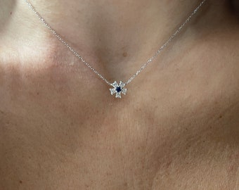 Sapphire Diamond Necklace / Flower Shape Diamond Sapphire Necklace / Birthstone Diamond Necklace / Gemstone Diamond Necklace