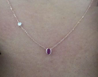 Ruby Necklace / 14k Rose Gold Ruby Solitaire Necklace / Ruby and Diamond Bezel Accent Necklace / Bezel Set Ruby Necklace / Oval Shape Ruby