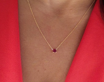 Ruby Necklace / 14k Gold Ruby Solitaire Necklace / Princess Cut Ruby Necklace / Ruby Prong Set Necklace / July Birthstone / Minimalist Ruby