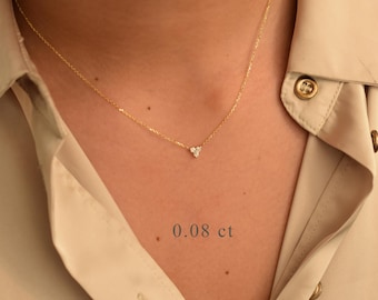 Diamond Necklace, 14k  Gold Diamond Trio Cluster Necklace 0.08ct, Diamond Trio Necklace, Triangle Shape Diamond Necklace, Bridal Layering