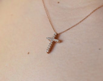 Diamond Cross Necklace 0.35cts / 14k Gold Diamond Cross / Petite Layering Diamond Cross / Baptism / Communion / Confirmation