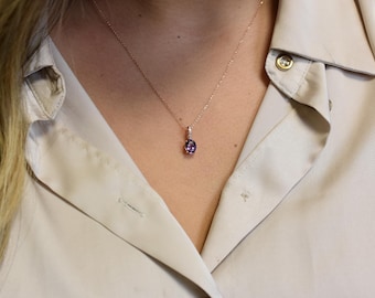 Oval amethyst necklace, 14k gold and natural diamonds 1.17 carat natural purple amethyst pendant, February birthstone, bridal necklace,