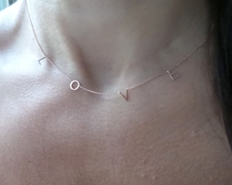 Love Necklace / 14k Rose Gold Love Necklace / Love Charm Necklace / Initial Letter Necklace / Gift for Girlfriend / Valentines / Bridesmaid