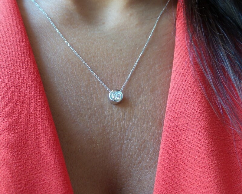 Stunning 1 Carat Round Solitaire Pendant Necklace - Solid 14K White Gold, Bezel Set With Chain!