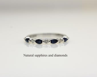 14k White Gold Natural Sapphire & Diamond Ring | Marquise and Round Band