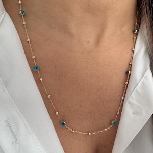 14k Gold Evil Eye Station Necklace: Tri Color Accent, 22 Inch