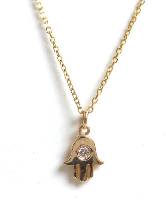 Hamsa Necklace / 14 Gold Hamsa Necklace With Diamond / Gold