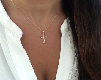 Cross Necklace / 14k Rose Gold Cross Pendant / Solid Gold Cross / Communion Cross / Confirmation Cross / Baptism Cross / Religious Gift