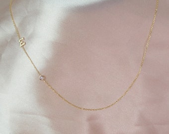 Diamond Initial Necklace / 14k Gold Diamond Letter Necklace / Diamond Bezel Letter Necklace / Moms Day Necklace / Personalized