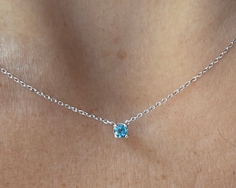Blue Topaz Necklace 3 MM / 14k Gold Blue Topaz Necklace / Solitaire Blue Topaz Necklace / December Birthstone / Layering Blue topaz