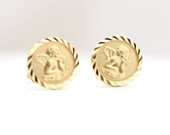 Guardian Angel Earrings / 14k Gold Guardian Angel Studs / Guardian Angel Medallion Charm Earrings / Communion Confirmateion Religious Gift