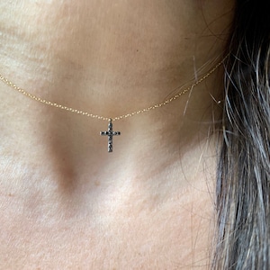 14k Gold Black Diamond Cross Necklace: Minimalist Baptism Jewelry