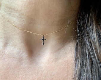 Small Diamond Cross Necklace / Black Diamond Cross Necklace / 14k Gold Layering Diamond Cross / Baptism Cross / Communion Confirmation