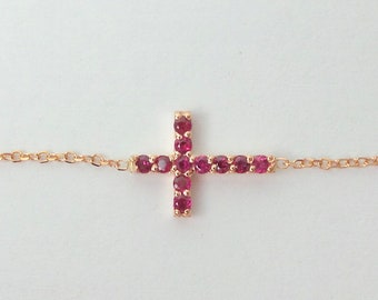 Ruby Cross Bracelet / 14k Rose Gold Ruby Cross Bracelet / Small Ruby Cross / Red Genuine Ruby Cross Bracelet / Communion / Christmas Gift