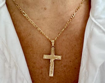 14k Gold Crucifix Pendant Figaro Chain Men/Women: Jesus Christ Cross, Religious Gift