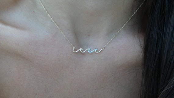 14k Gold Diamond Wave Necklace: Handmade Ocean Jewelry