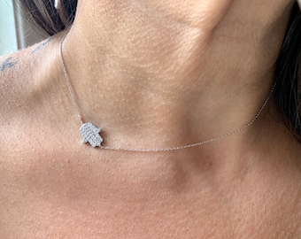 Diamond Hamsa Necklace / 14k White Gold Diamond Hamsa Necklace 0.25cts / Gold Sideways Hamsa / Personalized Diamond Hamsa Necklace