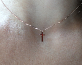 Small Cross Necklace / 14K Gold Small Cross Red Enamel Necklace / Solid Gold Enamel Cross / Communion Cross / Confirmation Cross / Baptism