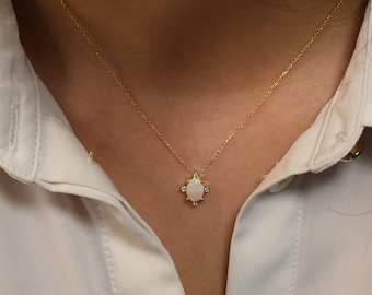 Opal Diamond Necklace / 14k Gold Opal Diamond Solitaire Necklace / Birthstone Opal Layering Solitaire Necklace / White Opal October Gemstone