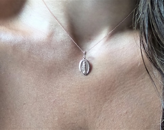 Miraculous Medal Charm, Virgin Mary Charm Necklace, Everyday Dainty 14k Gold Diamond Virgin Mary Necklace, Lady of Guadalupe Medallion