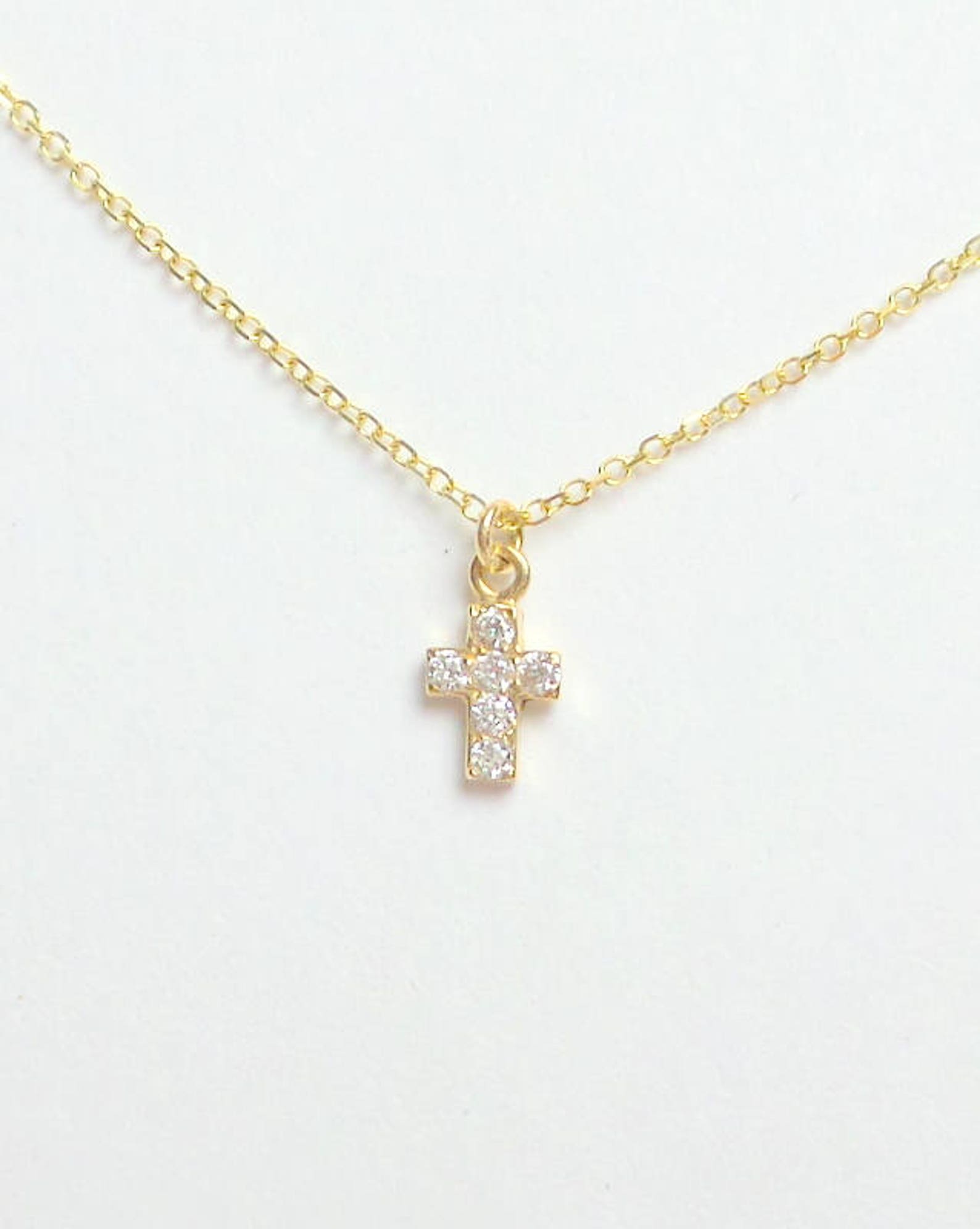 Small Diamond Cross Necklace / 14k Gold Cross Necklace / Tiny Etsy