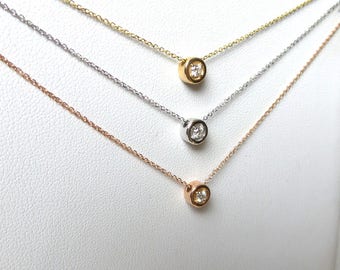 Diamond Necklace 0.07CT / 14k Gold Diamond Solitaire Necklace / Sliding Diamond Solitaire Necklace / Dainty Diamond / Prong Set Diamond