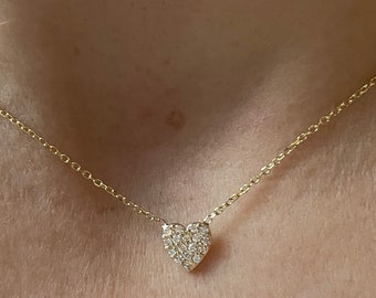 Small Diamond Heart Necklace 0.15ct / 14k Gold Petite Diamond Heart Necklace / Valentines Diamond Heart Necklace / Love Heart Mothers Day