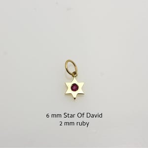 May include: A gold Star of David pendant featuring a 2 mm ruby at its center. The pendant measures 6 mm in size and includes a small circular jump ring at the top for attachment. The design is a six-pointed star with a polished metallic finish.