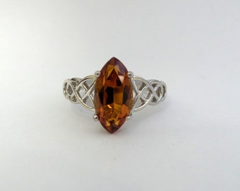 Genuine 2.2ct Dark Citrine Marquise Shape Engagement Ring, Sterling Silver Genuine Mandarine Yellow Engagement Ring