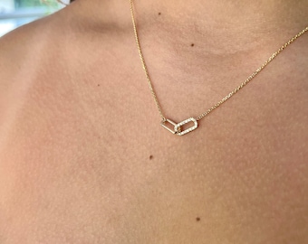 Diamond Paper Clip Chain Necklace / 14k Gold Diamond Paper Clip Chain / Paper Clip Necklace / Layering 14k Gold Paper Clip Chain