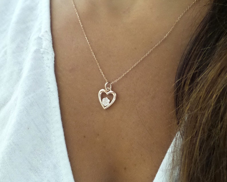 Diamond Heart Necklace 14k Rose Gold Diamond Heart Necklace Solid Rose Gold Heart Necklace Dainty Heart Necklace Heart Pendant