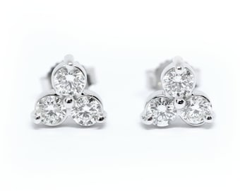 Diamond Trio Earrings 0.50cts tcw (pair) / 14k Gold Flower Shape Diamond Earrings / Small Bridal Diamond Earrings / Everyday diamond Studs