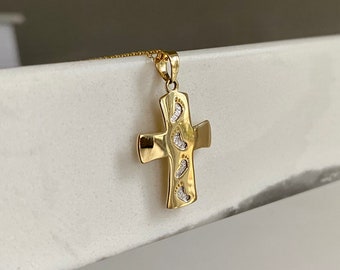 Baptism Cross Necklace / 14k Gold Baby Feet Cross Necklace / Baptism Cross / 14k Solid Gold Cross Necklace