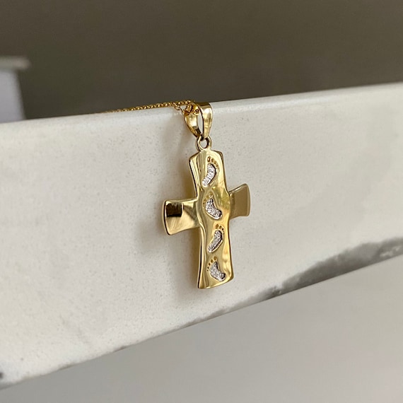 Baptism Cross Necklace 14k Gold Baby Feet Cross Necklace
