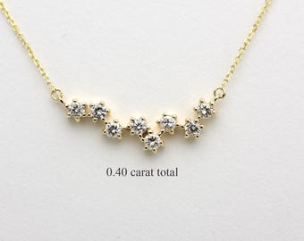 14k Gold Diamond Cluster Necklace • 0.40ct Real Diamonds Staggered Pendant • Dainty Minimalist Gold Chain •