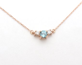 Blue Topaz Diamond Necklace / 14k Gold Blue Topaz Diamond Trio Necklace / Blue Topaz Diamond Necklace / December Birthstone Diamond