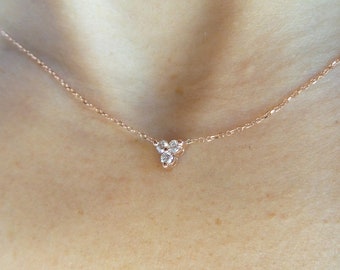 Diamond Cluster Necklace 0.15cts / 14k Rose Gold Diamond Necklace / Diamond Trio Necklace / Triangle Shape Diamond Necklace