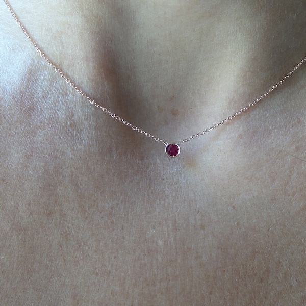 Ruby Solitaire Necklace 0.12CT / 14k Gold Ruby Solitaire Necklace / Bezel Set Ruby Necklace / July Birthstone Ruby Necklace / Red Ruby