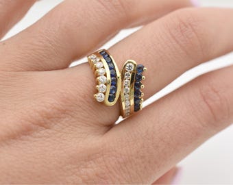 14k Yellow Gold Sapphire Diamond Bypass Ring | Natural Blue Gemstone Band
