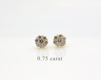 Diamond Cluster Earrings 0.75cts / 14k Gold Diamond Flower Shape Earrings / Bridal Diamond Earrings / Everyday Diamond Earrings